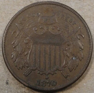 1870 Two Cents VF-XF Small Corrosion spot Top of Lower Rt Leaves Obv. - Picture 1 of 2