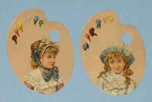 VINTAGE 2 STAMPI TAVOLOZZA ARTISTA RAGAZZE GIOVANE LADIE PUBBLICITÀ VITTORIANA - Foto 1 di 4
