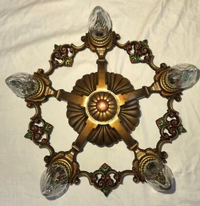 ANTIQUE CAST IRON CHANDELIER SEMI FLUSH MOUNT CEILING FIXTURE 1930's REWIRED - Picture 1 of 7