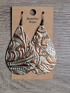 GENUINE Leather Teardrop Earrings Gold with Copper Tooled Western Leather - Picture 1 of 1