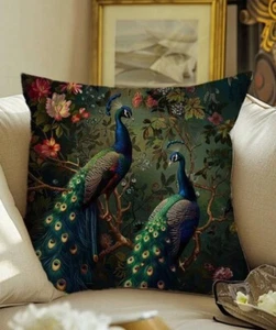 Green Peacock Feather TROPICAL PRINT CUSHION COVER 45 X 45 Room Decor - Picture 1 of 3
