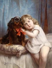 Little girl and pet dog oil painting Giclee Art Printed on canvas L2824