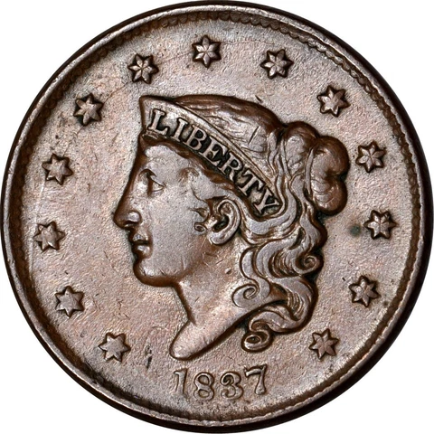 1837 1C Medium Letters Plain Hair Cord Coronet Head Large Cent VF K15824 Cover