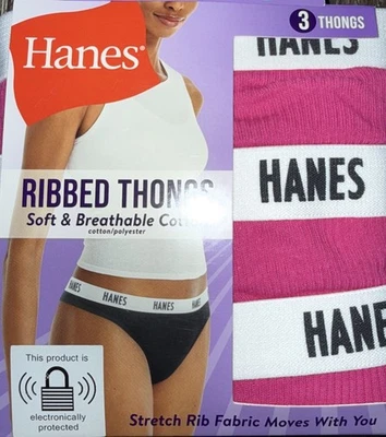 Hanes ~ 3-Pair Womens Thong Underwear Cotton Blend Pink Ribbed  ~ 2XL/9 - Image 1 of 3