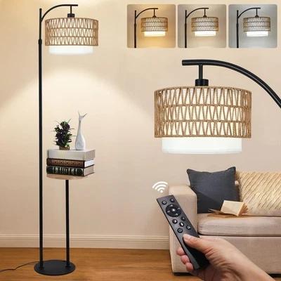 Arc Floor Lamp with Table and Shelves,Rattan Boho Floor Lamp with Remote Cont... - Image 1 of 4