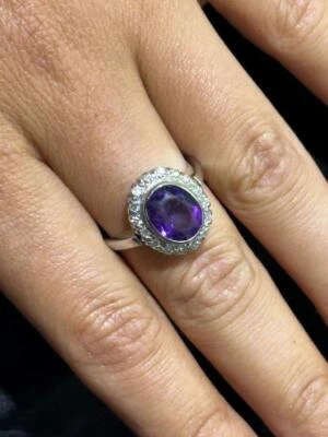 14k White Gold Natural Diamonds & Purple Amethyst Vintage Halo Band Ring Sz 7.75 - Image 1 of 4