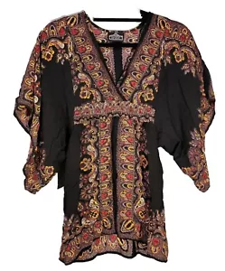 Blusa para mujer Angie Kimono M negra, dorada, roja fruncida Usada en excelente condición - Imagen 1 de 3