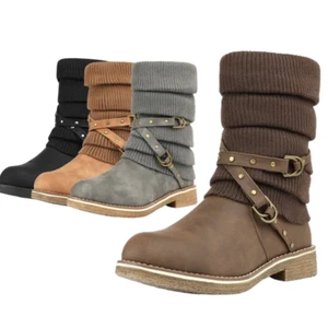 Women's Faux Fur Knit Slouch Mid Calf Side Zipper Winter Snow Boots - Picture 1 of 26