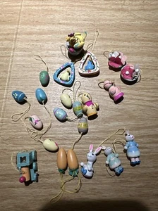 Vintage Easter Tree Decorations Wooden Ornaments Bunnies Chicks Eggs Train - Picture 1 of 5