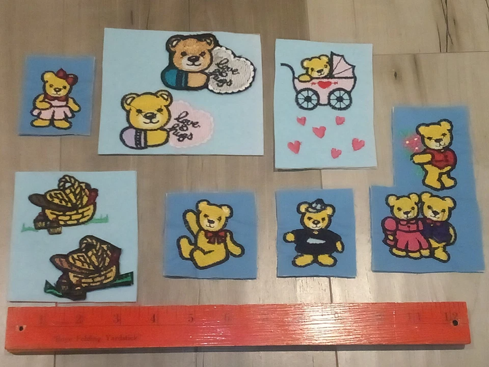 Teddy Bear Patch Lot Iron Sew On Embroidered Cloth Tan Brown Baby Stroller Heart - Image 1 of 1
