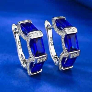 3Ct Emerald Cut Lab Created Sapphire Huggie Hoop Earrings 14K White Gold Plated - Picture 1 of 6