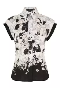 Zimmermann camicia top 0 small US 4 pop lino nero bianco floreale manica corta - Foto 1 di 7