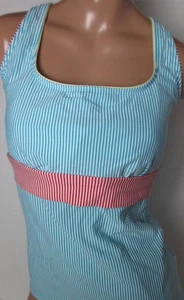 LANDS END Turquoise/Red/Pineapple Stripe Square Neck Tankini Top Womens 8 NEW - Picture 1 of 10