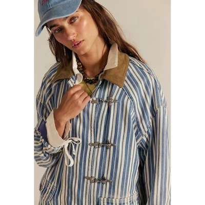 We The Free People синий в полоску джинсовой ткани амбара пальто вельветовый воротник переключатель застежки - Изображение 1 из 4