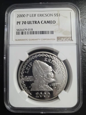 2000-P LEIF ERICSON COMMEMORATIVE PROOF SILVER DOLLAR NGC PF70 UCAM BROWN LABEL  - Image 1 of 4