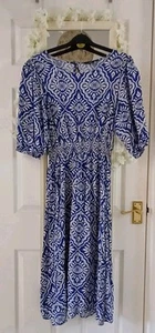 Gorgeous Blue White Mix Boho Shirred Waist Summer Dress 👗 14 16 Midi Maxi - Picture 1 of 8
