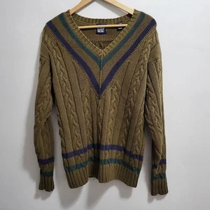 Maglione GAP vintage uomo maglia cavo scollo a V oliva righe cotone taglia small - Foto 1 di 6