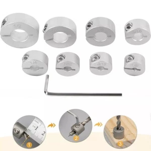 "Set 8 pz collari arresto profondità punta trapano 1/2"" 7/16"" 3/8"" 5/16"" 1/4"" 7/32"" 3/16"" 1/8" - Foto 1 di 9
