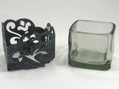 Distressed Tin & Glass Candle Holder Swirl Gray Bronze Tin  - Image 1 of 4