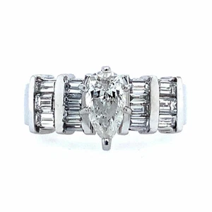 1.85 ct H/VS1 Pear Shape Lab Created Diamond Baguette Engagement Ring 14K WG - Picture 1 of 3