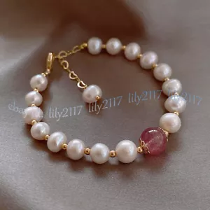 7-8mm Natural White Freshwater Pearl 10mm Strawberry Quartz Beads Bracelet 7.5'' - Picture 1 of 5