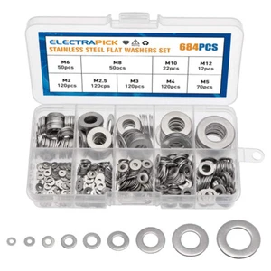 684Pcs M2~M12 Flat Washers Pad Stainless Steel Assortment Metal Lock Kit 2023 - Picture 1 of 12