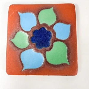 Catalina Island Ceramic Terracotta Tile Blue Green Flower 4" x 4" Wall hanging - Picture 1 of 4