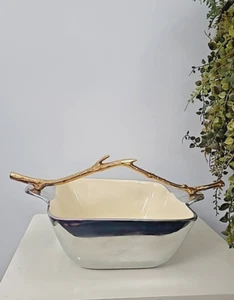 Lunares San Francisco Silver Metal Large Enamelled Serving Bowl Gold Twig Handle - Picture 1 of 11