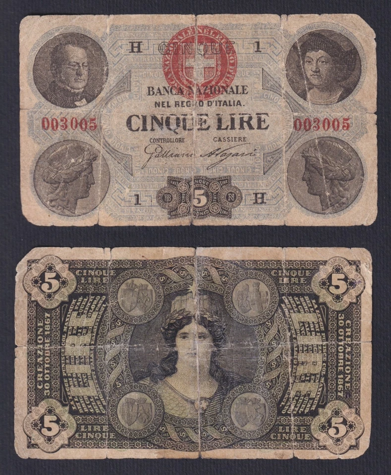 Banknote Italy 5 Lire Cavour 1867 P.-S734 MB/F - Image 1 of 1