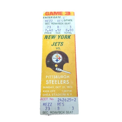 Boleto sin usar de los NFLJETS STEELERS 1973 Franco Harris 102 Yds TD #12 Joe Greene Sack Foto 1 de 4