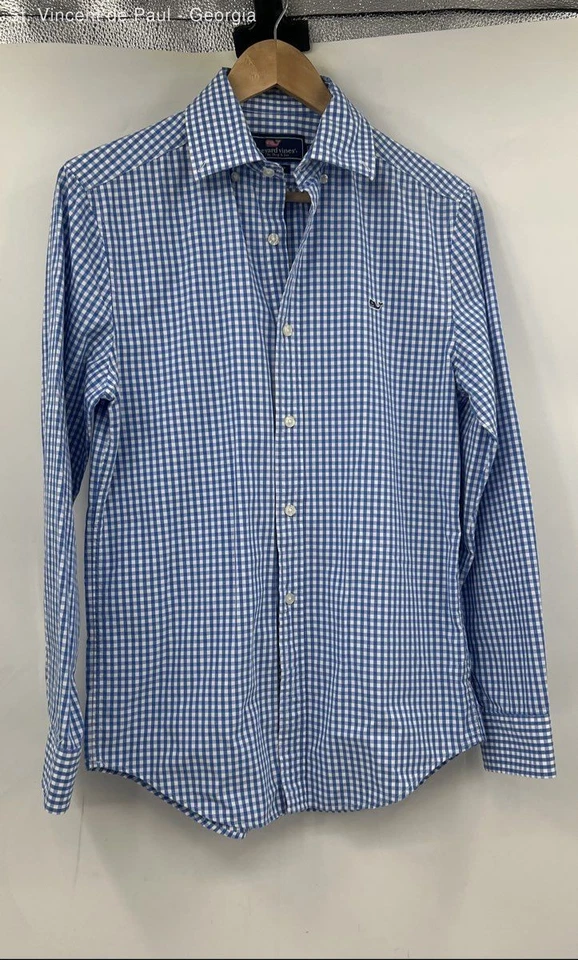 Vineyard Vines Blue Gingham Button Down Wale Shirt Dress Shirt Men's XS Preppy - Image 1 of 4