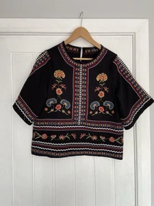 New Look Womens Black Mayan Russian Embroidered Short Sleeve Top Blouse Size 12 - Picture 1 of 8