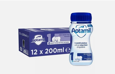 Aptamil First Infant Milk Stage 1 Ready Made Baby Formula Milk 12 x 200ml pack - Image 1 of 2