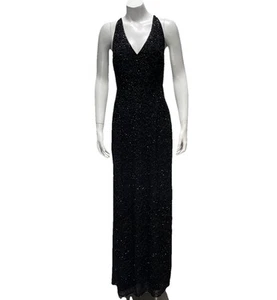 Vintage Cache Size L Silk Beaded Full Length Formal Sequin Gown Dress Black Y2K - Picture 1 of 11