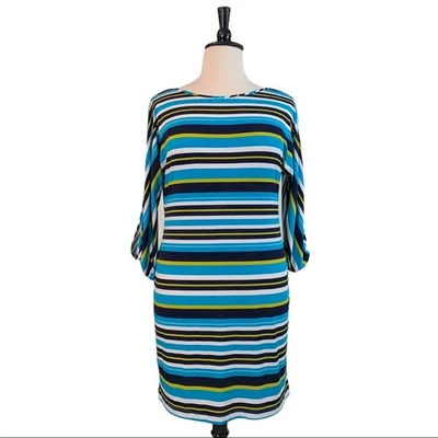 Calvin Klein Women's Shift Dress Boat Neck Blue Black Stripe Jersey Knit Size 14 - Image 1 of 4