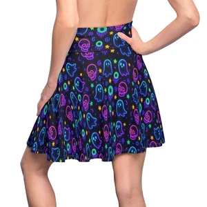 Glow-in-the-Dark Ghosts Skater Skirt, Halloween Outfit, Fun Party Wear, Women's - Picture 1 of 43