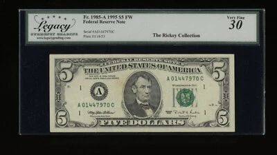 DBR 1995 $5 FRN Boston Fr. 1985-A Legacy 30 Serial A01447970C - Image 1 of 2