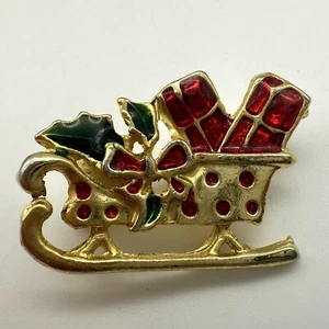 Gold Tone Christmas Santa Sleigh Brooch 1.5” L x 1” T - Picture 1 of 4