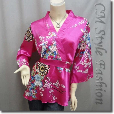 Blusa japonesa quimono floral cetim sedoso magenta G - Imagem 1 de 4