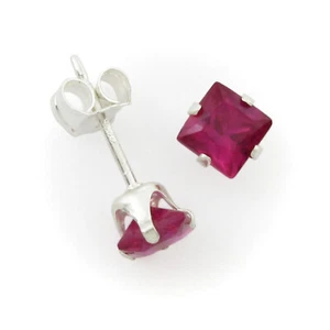 4mm Square Ruby Cubic Zirconia Simulant Post Stud Earrings in Sterling Silver - Picture 1 of 5