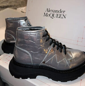 Alexander McQueen Patent Animal Print Combat Boots Silver 39.5 $1050 Retail