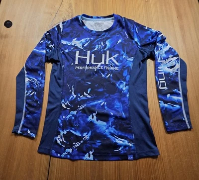 Pullover de pesca de manga larga azul Huk para niños talla mediana Foto 1 de 4