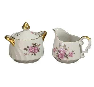 Lefton China Moss Rose Creamer Sugar Bowl Lid Set 3167 Gold Trim Vintage Japan - Image 1 of 4
