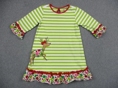 Vestido J Caqui Niñas 4T Verde Blanco Rayas Reno Navidad Volantes Algodón Foto 1 de 4
