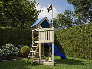 Spielturm Spielhaus Kinderspielhaus Holz mit Kletterwand Rutsche blau Sandkasten - Bild 1 von 9