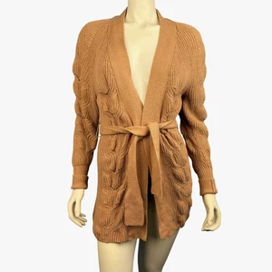 Express Long Sleeve Cardigan Warm Tan Minimalist Chunky Knit Open Front Belted - Picture 1 of 6