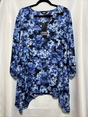 New! Slim Factor, Blue Floral Tunic Top, Asymmetrical Hem, Blouse, Oversized - Image 1 of 4