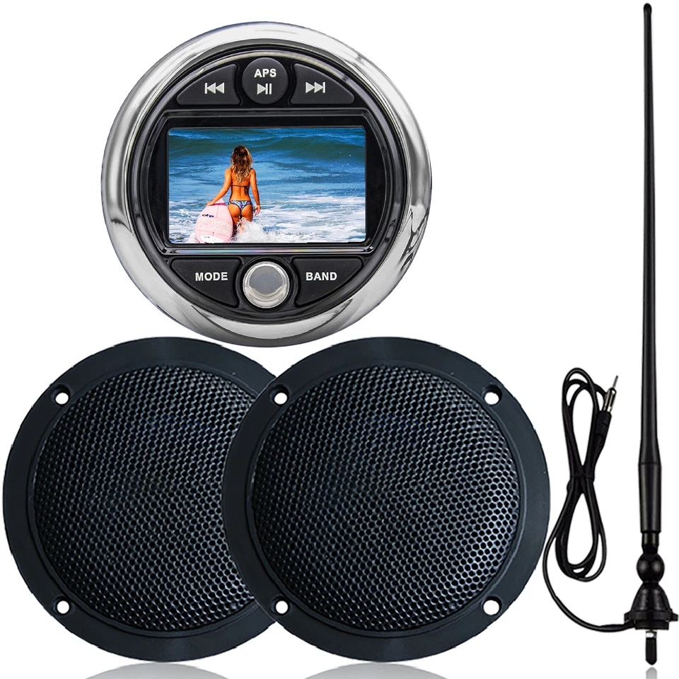Waterproof Marine Audio Package w/ Boat Bluetooth Radio for ATV UTV RV UV Yacht - Image 1 of 4