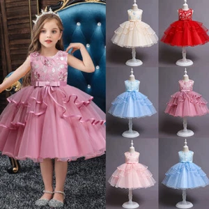 Flower Girls Kids Baby Bridesmaid Tutu Dress Party Bow Wedding Princess Dresses - Picture 1 of 17