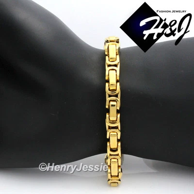 7.5"-11"MEN Stainless Steel 8mm Gold Plated Byzantine Box Link Chain Bracelet*T - Image 1 of 3